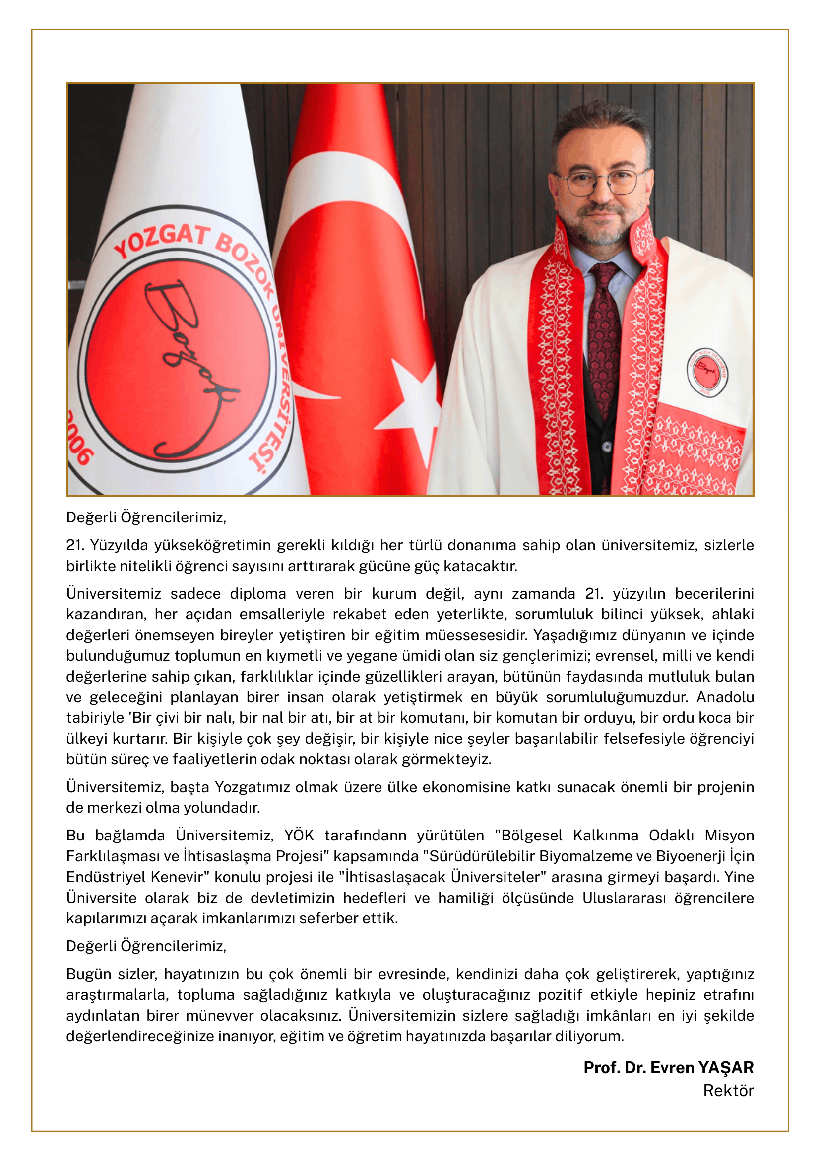 Prof. Dr. Evren Yaşar - Rektörün Mesajı